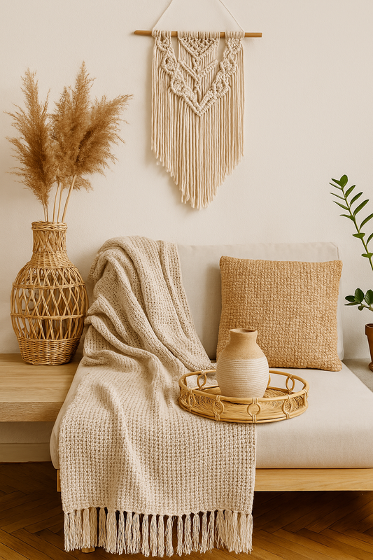 Rincón de living decorado con elementos de diseño biofílico como tejidos naturales, plantas y madera, que transmiten calma y bienestar en el hogar